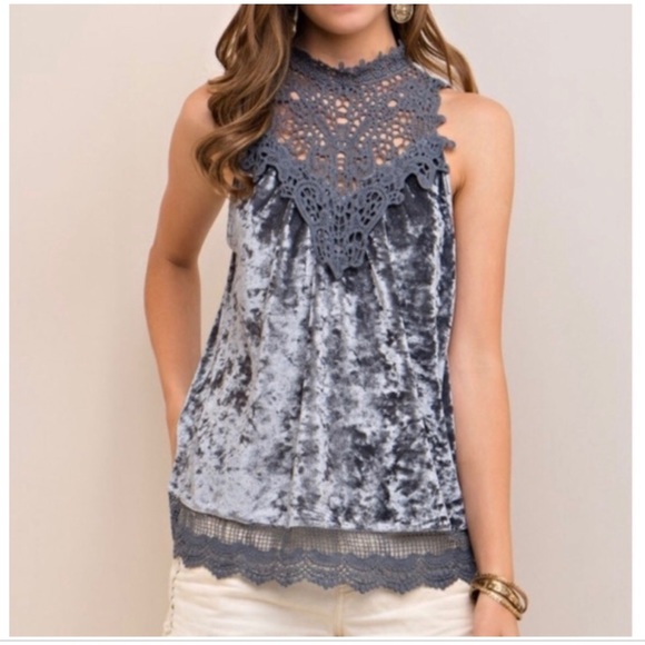 entro Tops - Entro gray crushed velvet crochet keyhole top